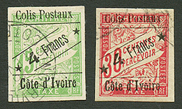 COTE D' IVOIRE : COLIS POSTAUX 4F S/ 15c (n°9) + 4F S/ 30c(n°10) Oblitérés. Cote 360€. Signé SCHELLER. Superbe. - Other & Unclassified