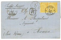 1889 COLONIES GENERALES 25c Jaune (x2) Obl. CAYENNE Sur Env. RECOMMANDEE Pour ROUEN. Timbres Trés Peu Courant En GUYANE. - Sonstige & Ohne Zuordnung