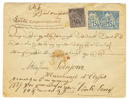 1889 COLONIES GENERALES Entier Postal 15c + 15c (entier Découpé) + 10c Obl. Cachet Peu Lisible TONKIN En RECOMMANDE Pour - Autres & Non Classés