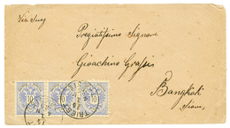 AUSTRIA To THAILAND : 1885 10k Strip Of 3 Canc. TRIEST On Envelope To BANGKOK (SIAM). Verso, Large Red Cds SINGAPORE PAI - Autres & Non Classés