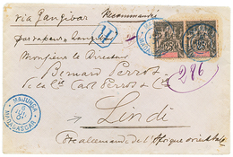 MADAGASCAR To LINDI Via ZANZIBAR : 1901 MADAGASCAR 25c(x2) Canc. MAJUNGA On REGISTERED Envelope To LINDI . Verso, Transi - África Oriental Alemana