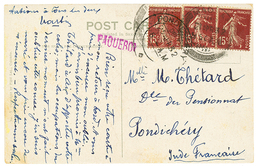 1932 FRANCE 15c(x3) Canc. PONDICHERY + PAQUEBOT On Card To PONDICHERY. Scarce. Vf. - Andere & Zonder Classificatie