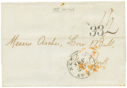 CHINA : 1855 "33" Tax Marking + NEW-YORK AM.PKT On Entire Letter From CANTON Via UK To USA. Superb. - Autres & Non Classés