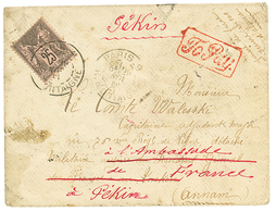 1886 FRANCE 25c Canc. PARIS + Boxed TOPAY On Envelope To TONKIN Redirected To PEKIN. Verso, British Cds SHANGHAE + HONG- - Other & Unclassified