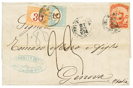 1874 PERU 1d Canc. LIMA + ITALY POSTAGE DUES 2L + 30c Canc. GENOVA On Entire Letter To ITALY. Vvf. - Perú