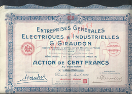 ACTION G GIRAUDON ENTREPRISE GÉNÉRALES ELECTRIQUES ECT NOTAIRE M BOURDEL PARIS RUE D AGUESSEAU 1928 : - Electricité & Gaz