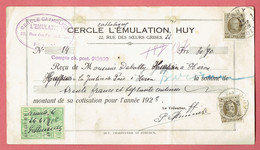 M - Reçu De Héron Pour Cercle Catholique L'émulation A Huy - Obl Huy 2A Hoei Le 27-IV-1928 Sur 255x2 Et Fiscaux - 1900 – 1949