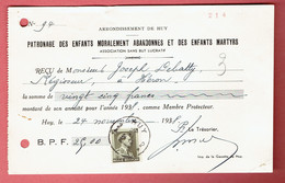 M - Reçu De Héron Pour Patronnage Des Enfants Abandonnés - Obl Huy2 Le 24-XI-1938 Sur 480 - 1900 – 1949