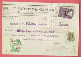 M - Reçu De Huissier A Héron Pour Journal De Huy - Obl Huy 1B Hoei Le 1-VII-1930 Sur 255 Et 302 - Fiscaux - 1900 – 1949