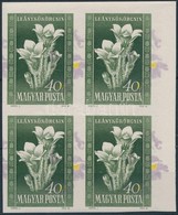 ** 1950 Virág (I.) 40f Vágott 4-es Tömb Eltolódott Lila és Sárga Színnyomatokkal (ránc, Törés, Fekete Festékpöttyök A Gu - Other & Unclassified