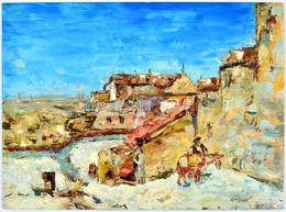 Jelzés Nélkül: Mediterrán Városka, Szamárral. Olaj, Farost. 30x40 Cm - Altri & Non Classificati