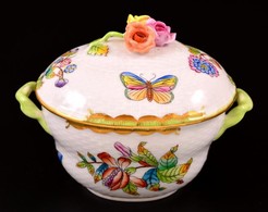 Herendi Viktória Mintás Porcelán Rózsás Bonbonier, Kézzel Festett, Jelzett, Hibás, 13×9×10 Cm - Altri & Non Classificati