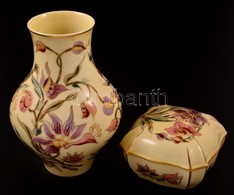 Zsolnay Porcelán Virágmintás Váza és Dobozka, Kézzel Festett, Jelzett, Hibátlan, M: 18 Cm, 10×10×6 Cm - Autres & Non Classés