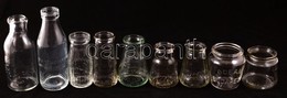 9 Db Különféle Feliratos érdekes üvegpalack, Apró Csorbákkal, Különböző Méretben - Vidrio & Cristal