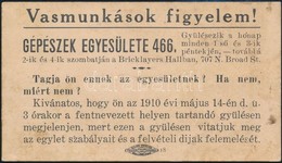 1910 Amerikai Magyar Vasmunkás Szakszervezeti Egylet Szórókartonja Philadelphiai Egyleti Gyűlésre Meghívóval, Hátoldalon - Unclassified