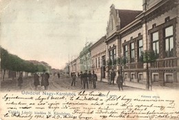 T3 1902 Nagykároly, Carei; Kolescy Utca, M. Kir. Posta. Csókás László Kiadása / Street View With Post Office (fa) - Unclassified