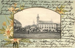 T2/T3 Nagyszeben, Hermannstadt, Sibiu; Grosser Ring / Utcakép, Lovaskocsik, Templom. Kiadja Carl F. Jickeli, Szecessziós - Unclassified