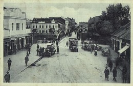 * T2/T3 Ungvár, Uzhorod; Utcakép, Híd, Automobilok, Autóbusz, üzletek / Street View, Bridge, Automobiles, Autobus, Shops - Ohne Zuordnung