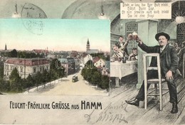 T2/T3 1908 Hamm, Feucht-Fröhliche Grüsse / Greeting Card With Men Drinking Beer. Square With Tram  (EK) - Unclassified