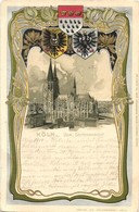 T2/T3 1900 Köln, Cologne; Dom, Seitenansicht / Cathedral. Coat Of Arms, Art Nouveau, Emb. Litho Frame  (EK) - Ohne Zuordnung