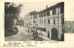 T2 1901 Novi Ligure, Porta Pozzolo, Grand Albergo Reale, Vetture Da Nolo E Stallaccio /  Street View With Hotel And Shop - Non Classés