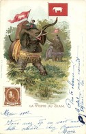 * T3 'La Poste Au Siam' Elephant, Flag, Stamp, Folklore, Litho - Non Classés