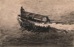 T3 1915 Az Ordonánc Motoros A Dunán, Motorcsónak. Kézzel Rajzolt / Ordonnanz Motorboot Auf Der Donau K.u.K. Kriegsmarine - Non Classés