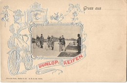 ** T3 Gruss Aus Dunlop-Reifen. Heinrich Fuhr / Dunlop, British Bicycle Pneumatic Tyre Advertisement With Cyclists. Emb.  - Unclassified
