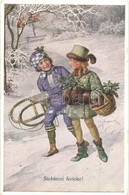 ** T2/T3 Sarbatori Fericite / Happy Holidays Greeting Card, Winter Sport, Girls With Sled (EK) - Unclassified
