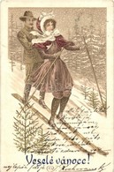 T1/T2 Veselé Vánoce / Christmas Greeting Card, Winter Sport, Skiing, Litho (EK) - Zonder Classificatie