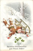 ** T3 Die Besten Glückwünsche Zum Neuen Jahre / New Year Greeting Card, Boy With Sled In The Snow, Clovers, Winter Sport - Ohne Zuordnung