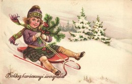 ** T2 Boldog Karácsonyi Ünnepeket / Christmas Greeting Card, Girl With Sled In The Snow, Winter Sport - Zonder Classificatie