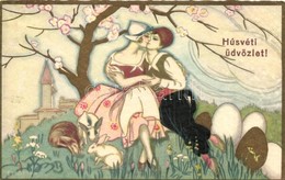 T2 'Húsvéti üdvözlet' / Easter Greeting, Romantic Couple, Italian Art Deco Postcard, Ballerini & Fratini No. 311., Golde - Ohne Zuordnung