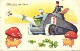 T2/T3 Boldog új évet! / New Year Greeting Art Postcard With Chimney Sweeper In A Tank, Clovers, Pigs, Mushrooms (EB) - Unclassified