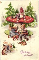 T2/T3 Boldog új évet! / New Year Greeting Art Postcard With Dwarves And Mushroom. Litho  (EK) - Non Classés