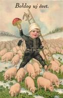 * T1/T2 Boldog Uj évet / New Year Greeting Postcard, Chimney Sweeper, Pigs, Clovers, Litho - Sin Clasificación