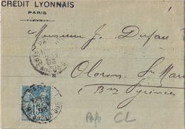 PARIS - GARE DU SUD OUEST - SAGE N°90 - PERFORATION CL - ENTETE CREDIT LYONNAIS PARIS -16 NOVEMBRE 1896. - 1877-1920: Semi Modern Period