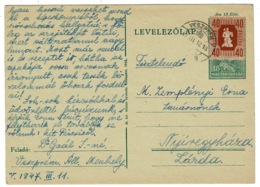 Ref 1275 - 1947 Up-Rated Postal Stationery Card Hungary - 58 Filler Rate To Larda - Interi Postali