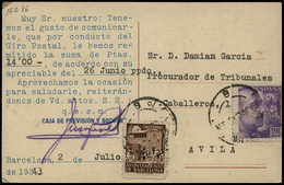 Ed. T.P.922 +Barna 42 - “A.A.” (Anonima De Accidentes.Barcelona) Tarjeta Postal Cda A Avila 2/Jul/1943. Rara Pieza - Otros & Sin Clasificación