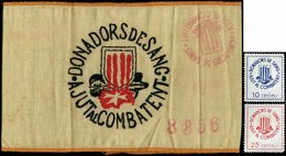 Brazalete Realizado En Tela Y Con Bordados + Marca Estampada En El Brazalete “Donadors De Sang. Ajut Al Combatent” - Spanish Civil War Labels
