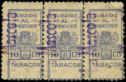 Ed. * 60 Canarias.STA. CRUZ TENERIFE.1938 “Subsidio Al Combatiente” Tira De 3 Con Sobrecarga “La Mascota” - Spanish Civil War Labels