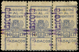 Ed. * 60 Canarias.STA. CRUZ TENERIFE.1938 “Subsidio Al Combatiente” Tira De 3 Con Sobrecarga “La Mascota” - Vignetten Van De Burgeroorlog