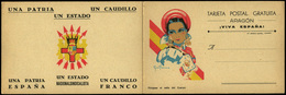 T.P. Aragón. “Viva España/Una Patria/Un Caudillo.....” Tarjeta Doble. Lujo. - Lettres & Documents