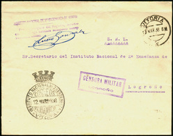 Carta Cda A Logroño Con Fcia. “Instituto Nacional De 2ª Enseñanza De Vitoria 12/3/38” + C.M. Logroño. Lujo. - Covers & Documents