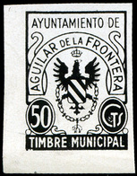 Año 1939 CÓRDOBA.Aguilar De La Frontera. “Timbre Municipal.Aguilar De La Frontera 50Cts.” (Prueba En Negro). Rarísimo - Steuermarken