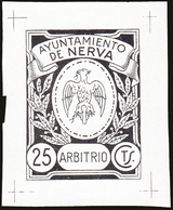 ** HUELVA.Nerva. “25Cts. Timbre Municipal” (Prueba En Negro). Raro. - Revenue Stamps