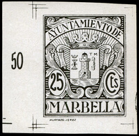 *** S/Cat. MÁLAGA.Marbella. “25Cts. Ayuntamiento” (Prueba En Negro). Pie Imprenta “Hurtado Jerez”. Raro. - Revenue Stamps