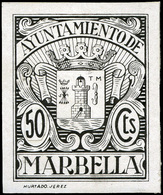 *** S/Cat. MÁLAGA.Marbella. “50Cts. Ayuntamiento” (Prueba En Negro). Pie De Imprenta “Hurtado.Jerez”. Raro. - Revenue Stamps
