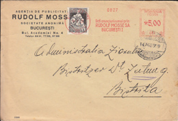 AMOUNT 5, BUCHAREST, RUDOLF MOSSE COMPANY, RED MACHINE STAMPS, SOCIAL ASSISTANCE STAMP ON COVER, 1928, ROMANIA - Covers & Documents