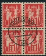 1949, 30 Pfg. Postgewerkschaft Im Zentrisch Gestempelten Viererblock - Usati